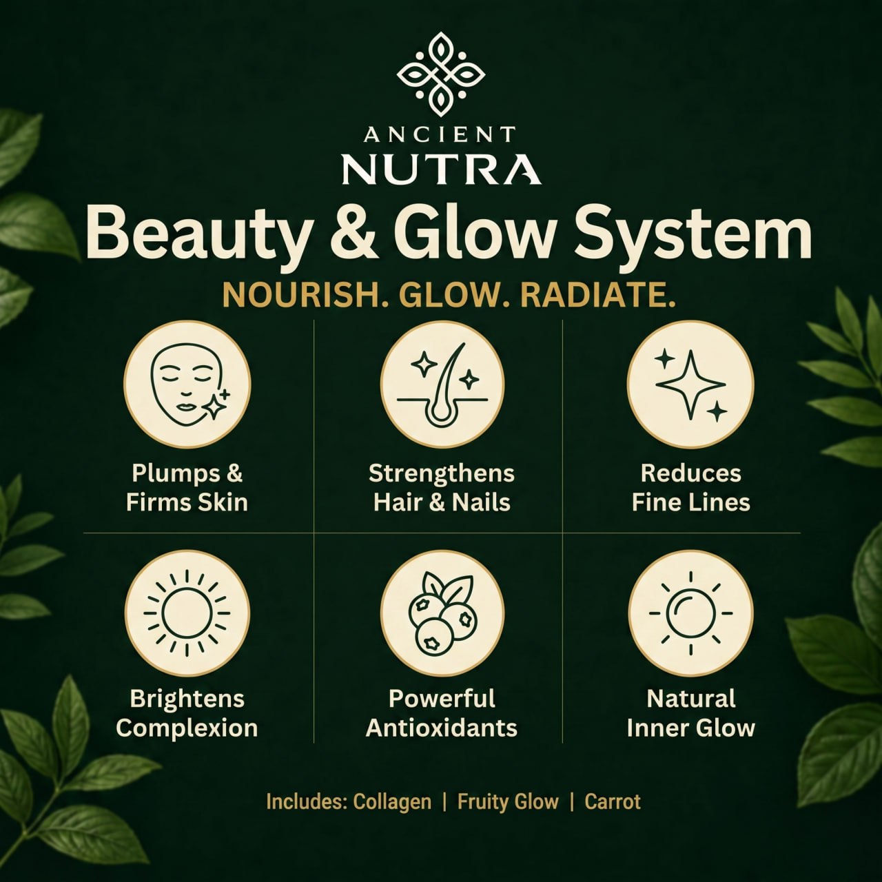 Ancient Nutra Beauty and Glow System box with Collagen, Carrot and Fruity Glow capsules. Sri Lanka