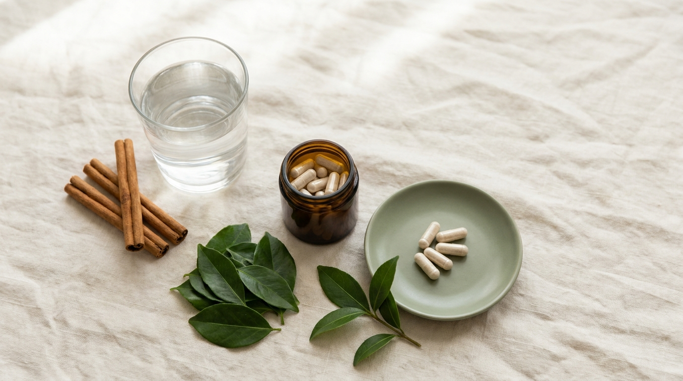 A flat-lay of a glass of water, Ceylon cinnamon quills, an unlabeled jar of capsules, green leaves, and a sage-green dish of capsules on cream linen
