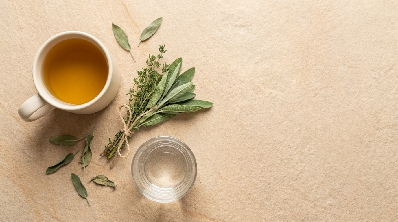 A plain mug of golden herbal tea beside a bundle of fresh green herbs and a glass of water on a warm stone surface, for a gentle 21-day liver reset.