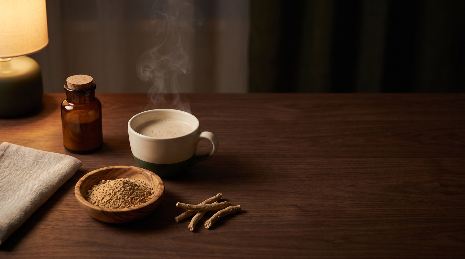 Evening ashwagandha ritual on a walnut table: a cup of warm spiced milk, a bowl of ashwagandha root powder, and dried roots under a warm lamp