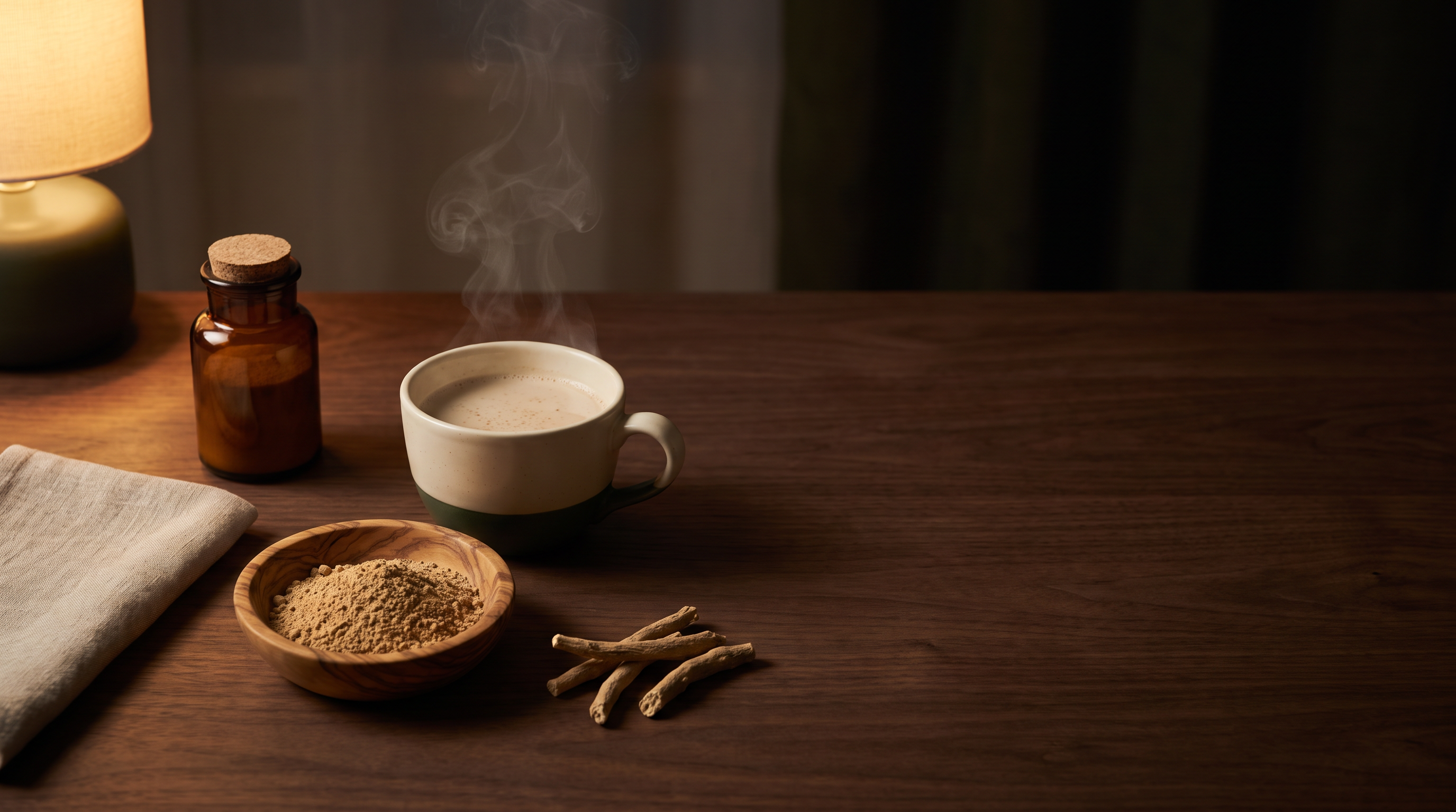 Evening ashwagandha ritual on a walnut table: a cup of warm spiced milk, a bowl of ashwagandha root powder, and dried roots under a warm lamp