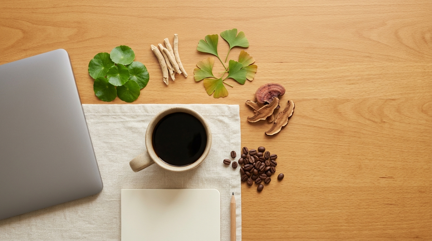 An overhead flat-lay on a wooden desk showing gotukola leaves, ashwagandha roots, ginkgo leaves, reishi mushroom slices, and coffee beans beside a cup of black coffee, a plain closed laptop, and a blank notebook.