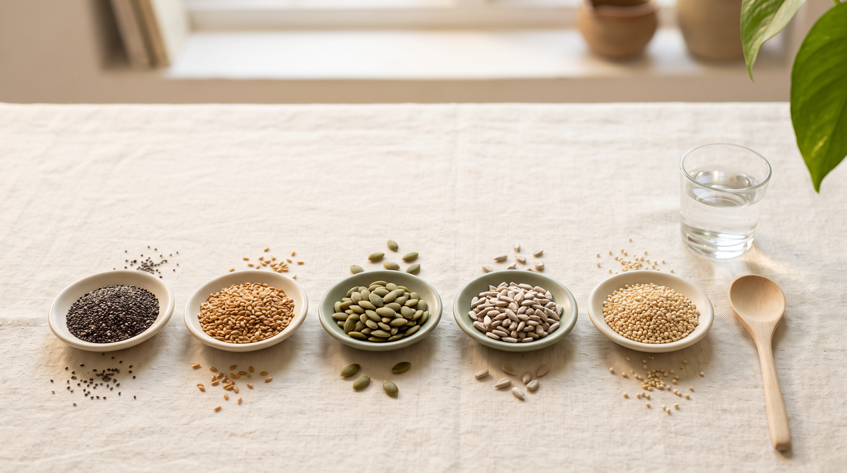 Five small ceramic dishes on cream linen holding chia, flax, pumpkin, sunflower and quinoa seeds beside a wooden spoon and a glass of water
