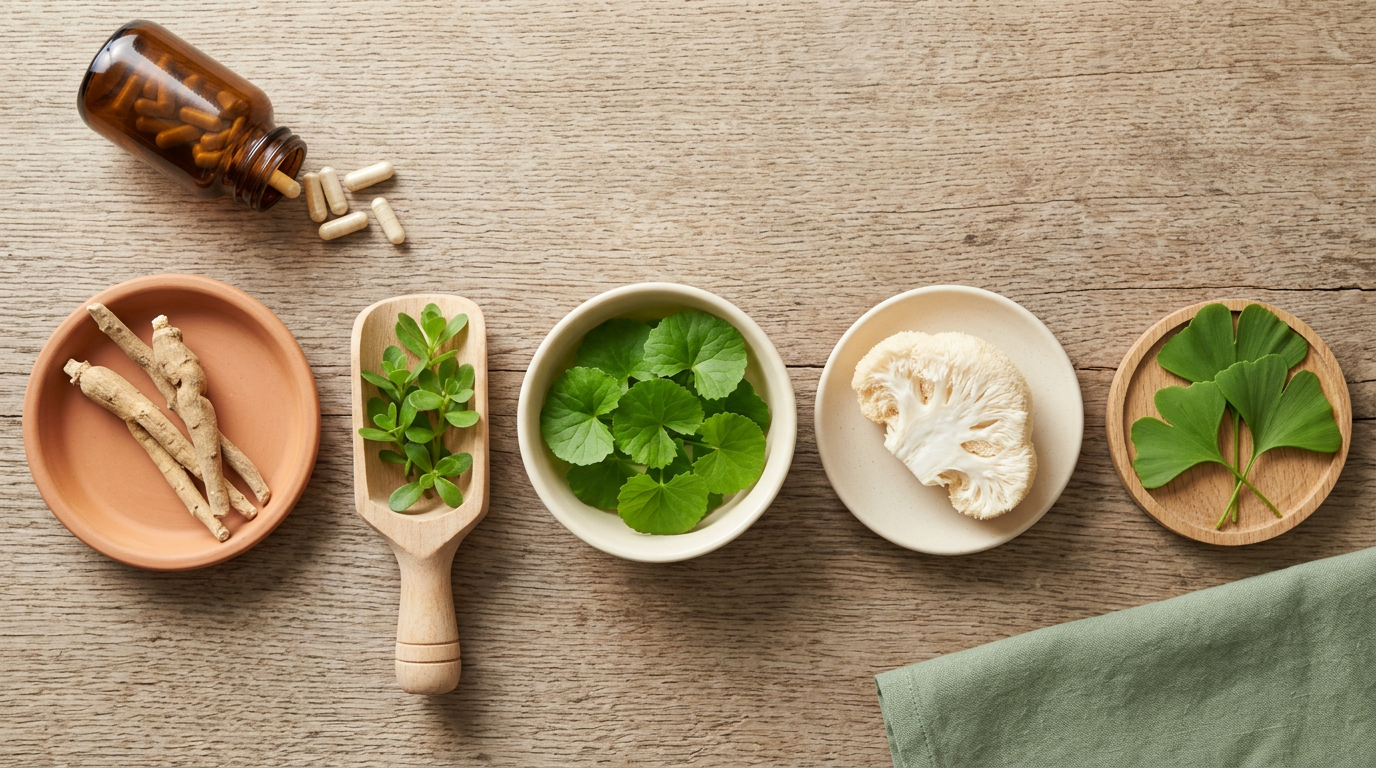 Editorial flat-lay of five focus and memory herbs on raw oak: ashwagandha roots, brahmi leaves, gotukola leaves, lion's mane mushroom slice, and ginkgo biloba leaves.