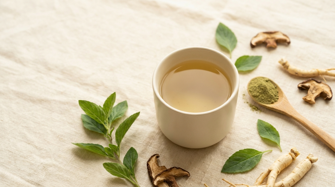 An overhead flat-lay of a plain cup of golden herbal tea surrounded by fresh green leaves, green powder on a wooden spoon, dried mushroom slices and pale roots on cream linen.