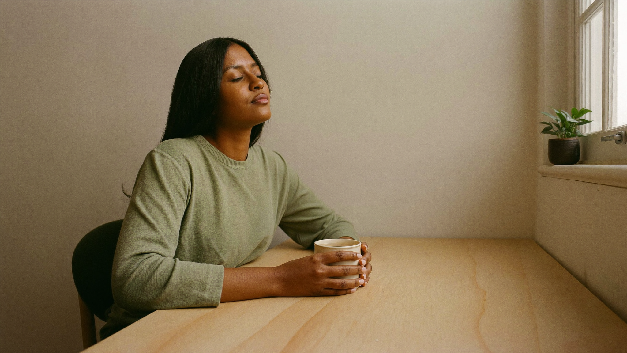A woman sitting at a sunlit wooden table with her eyes closed, taking a calm breath while holding a plain mug of herbal tea.
