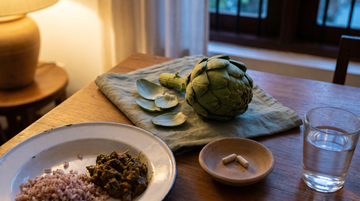 Evening dinner table with red rice and curry, a fresh globe artichoke on a sage napkin, two plain capsules in a clay dish and a glass of water