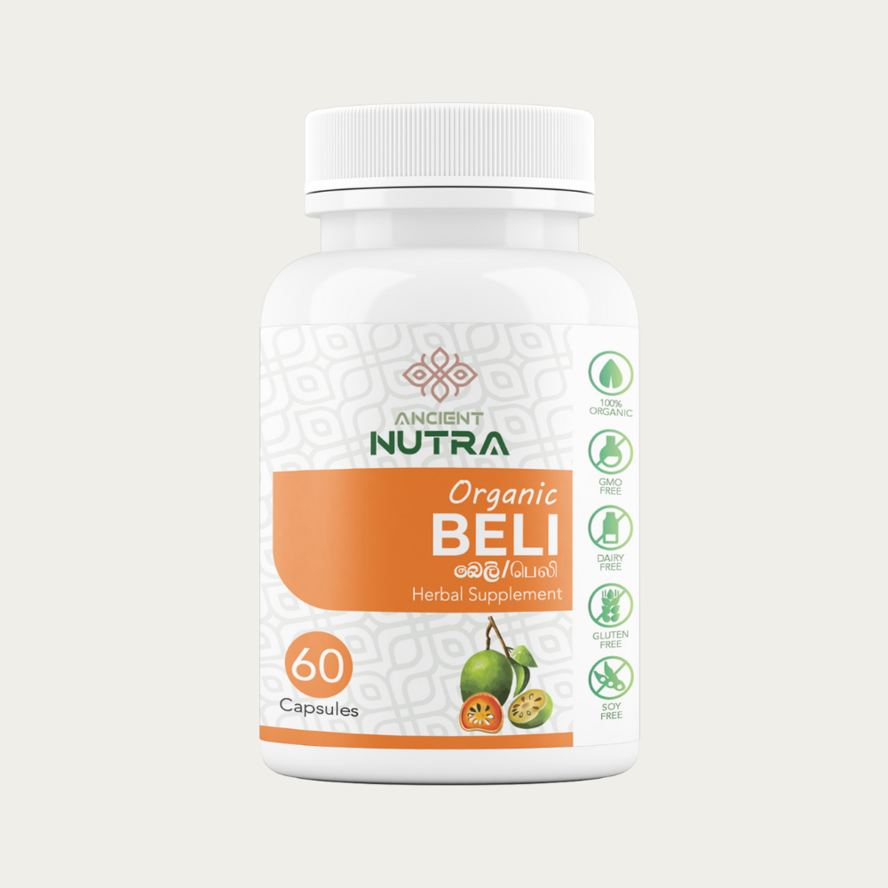 Ancient Nutra's Beli capsules, the Sri Lankan Bael gut herb, on a cream background.
