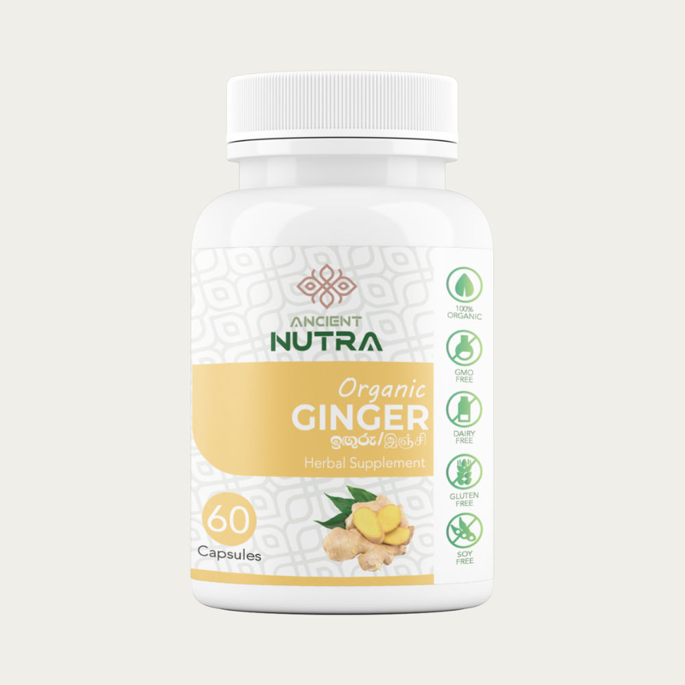 Ancient Nutra Ginger capsules, 600mg of whole ginger root per capsule