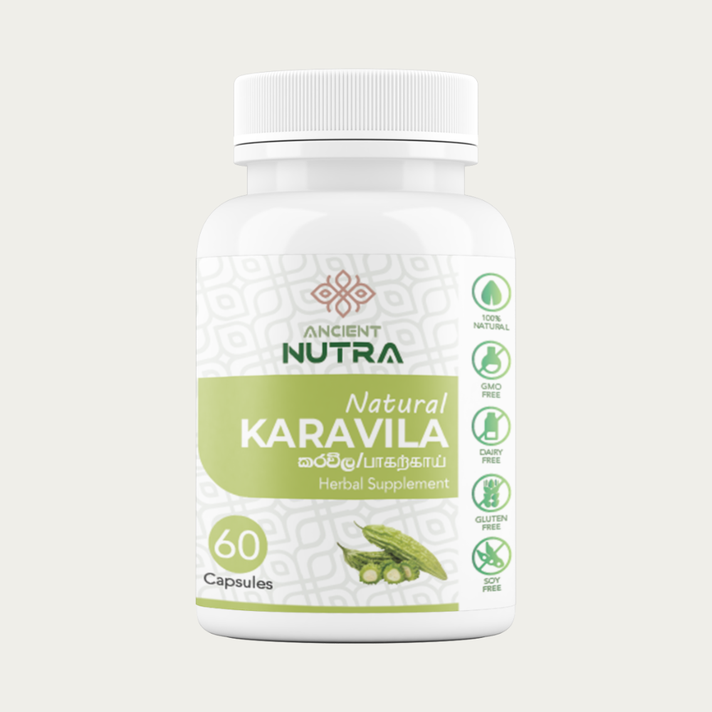 Ancient Nutra Karavila (Bitter Melon) capsules pack on a cream background