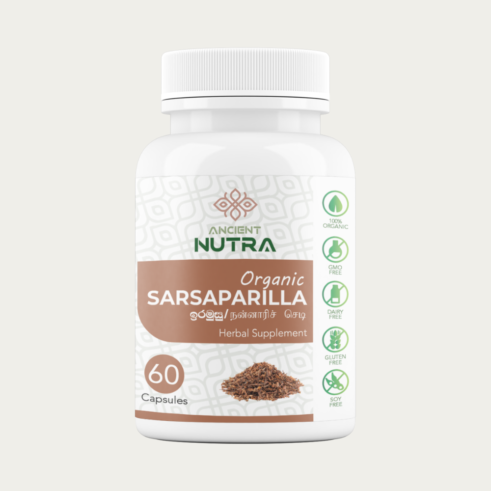 Ancient Nutra Iramusu (Sarsaparilla) capsules on a cream background.