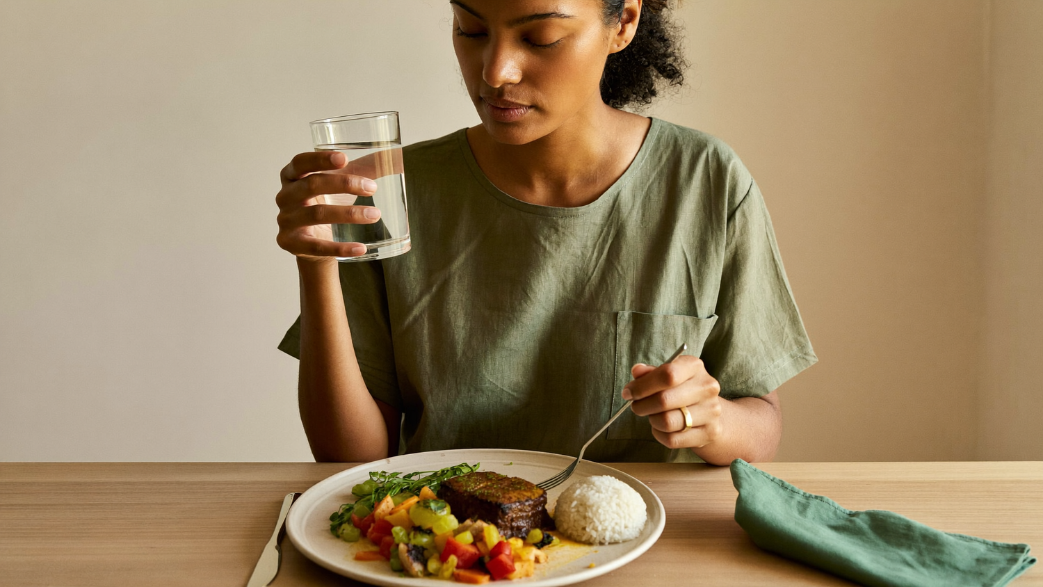 A woman pausing before a home-cooked meal of vegetables, protein, and a small portion of rice, holding a glass of water