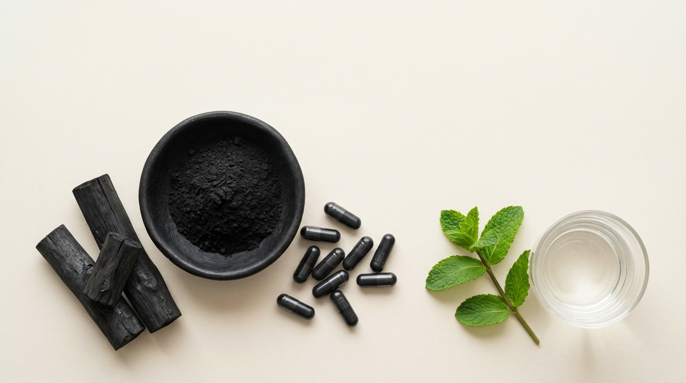 A flat-lay of activated charcoal capsules, a black bowl of charcoal powder, charcoal sticks, a mint sprig, and a glass of water on a cream surface.
