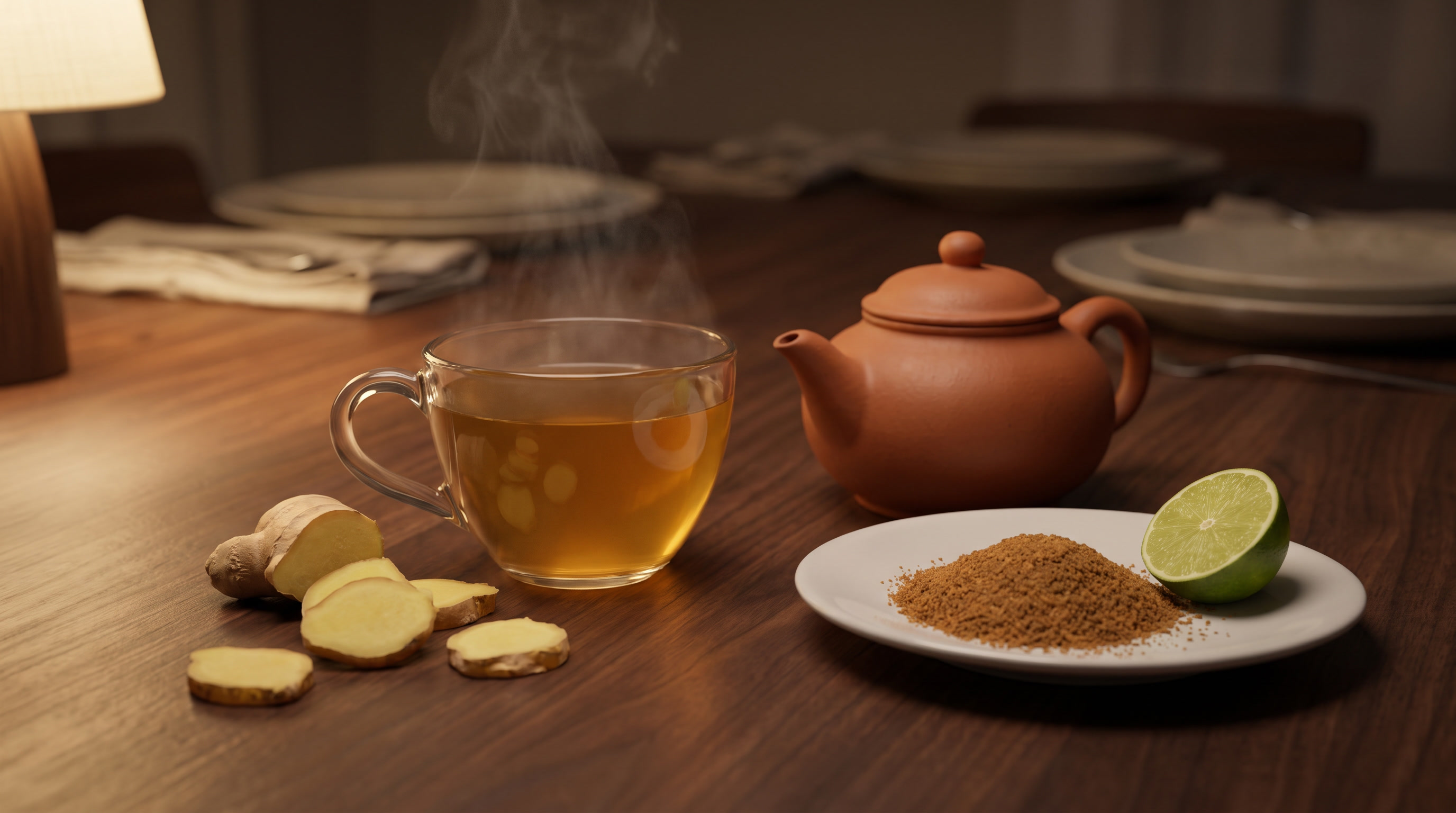 A glass cup of freshly brewed ginger tea beside sliced fresh ginger, a clay pot, coconut sugar and lime on a dark wooden table after dinner
