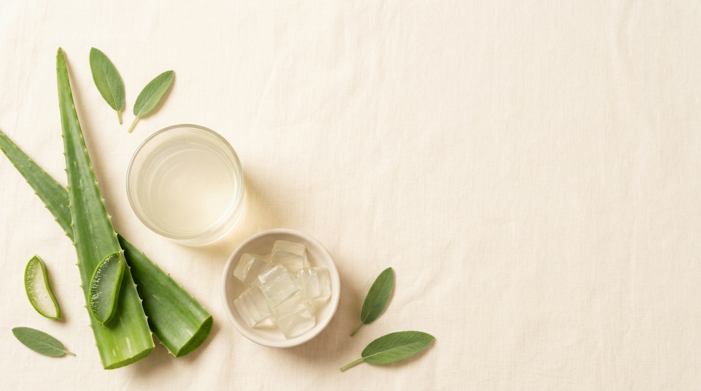 Overhead flat-lay of fresh aloe vera leaves, a glass of clear aloe vera drink, and a bowl of aloe gel cubes on a cream linen surface.