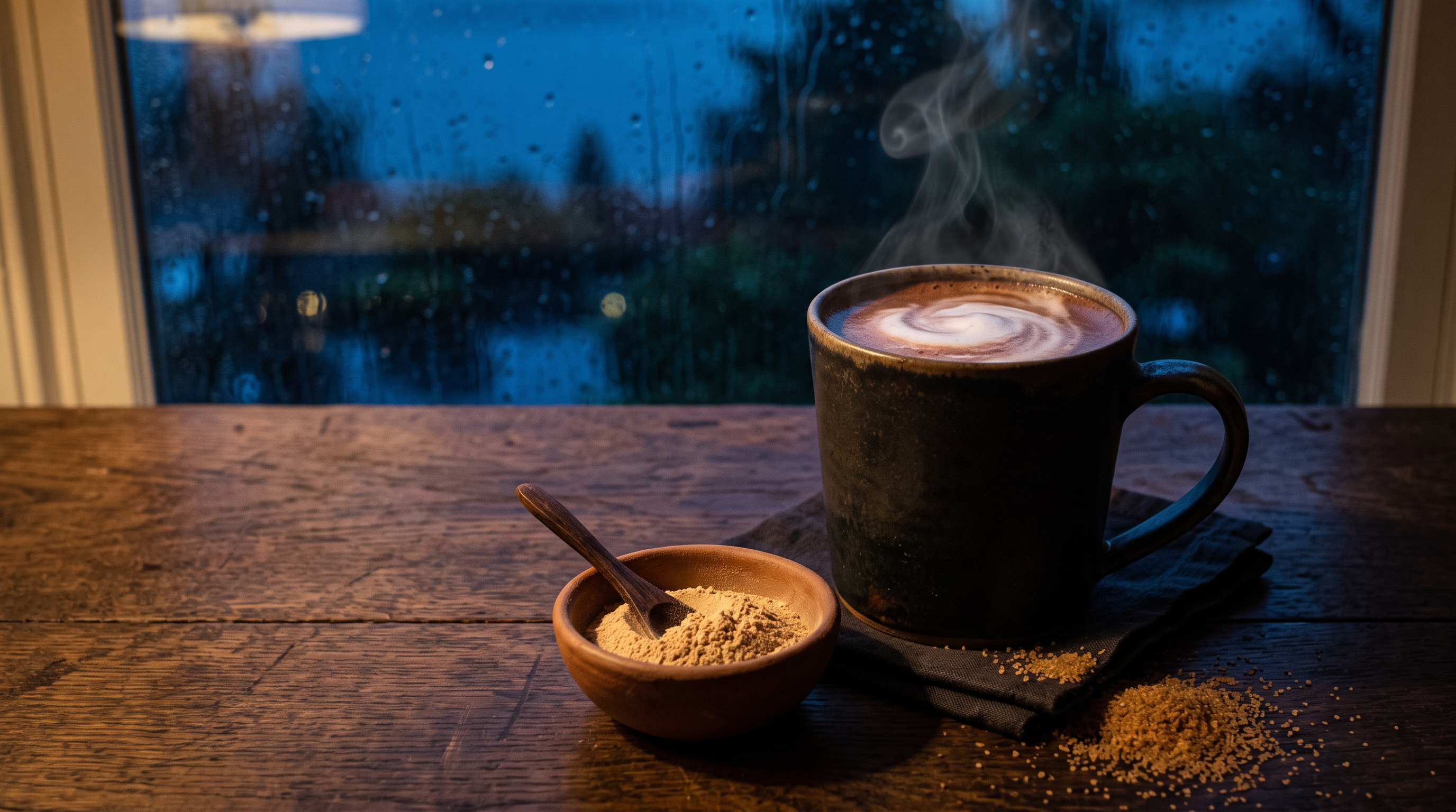 A steaming mug of dark hot chocolate beside a clay bowl of ashwagandha root powder and scattered coconut sugar on a wooden table by a rain-streaked window at dusk