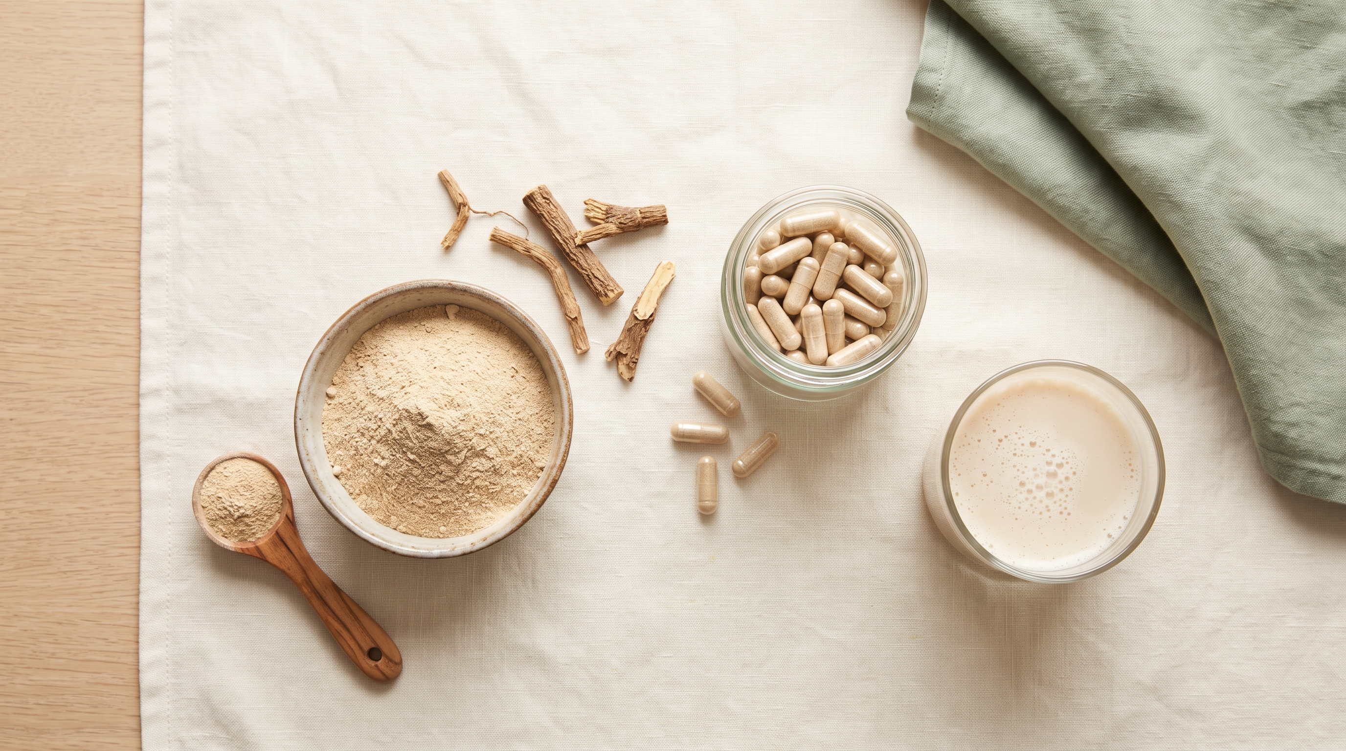 Bowl of ashwagandha root powder with a wooden spoon beside a jar of plain capsules, dried roots and a glass of warm milk on cream linen