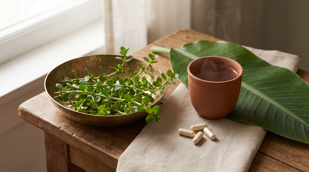 Fresh Bacopa monnieri sprigs in a brass bowl beside a clay cup of warm water and plain capsules on a teak table in morning light