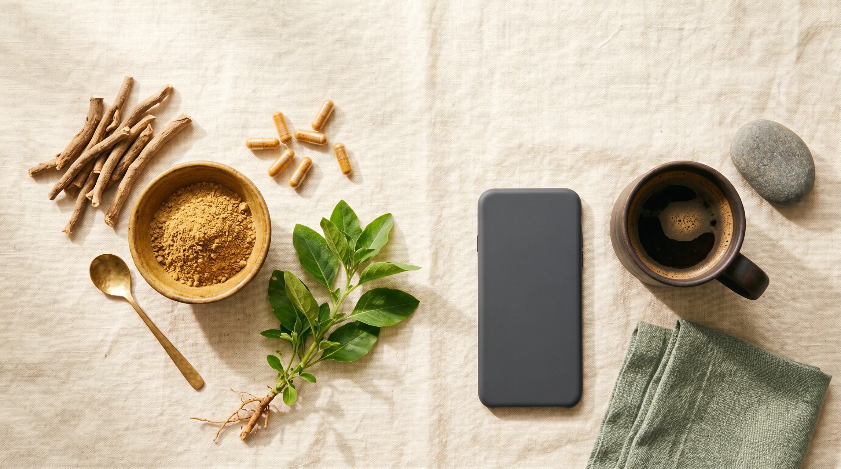 Dried ashwagandha root, powder and capsules beside a plain smartphone and a cup of black coffee on cream linen, ancient Ayurveda meeting a modern man's morning.