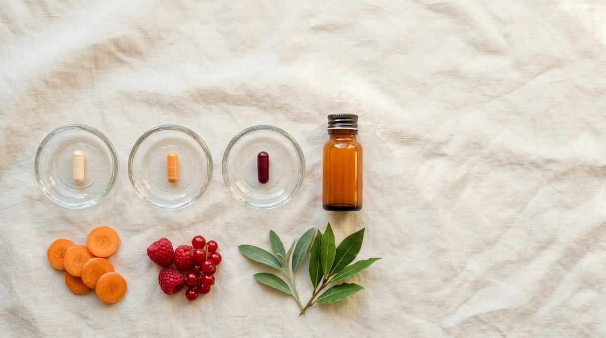 Three plain beauty supplement capsules in glass dishes beside carrot slices, berries, and an unlabeled tonic bottle on a cream linen surface.