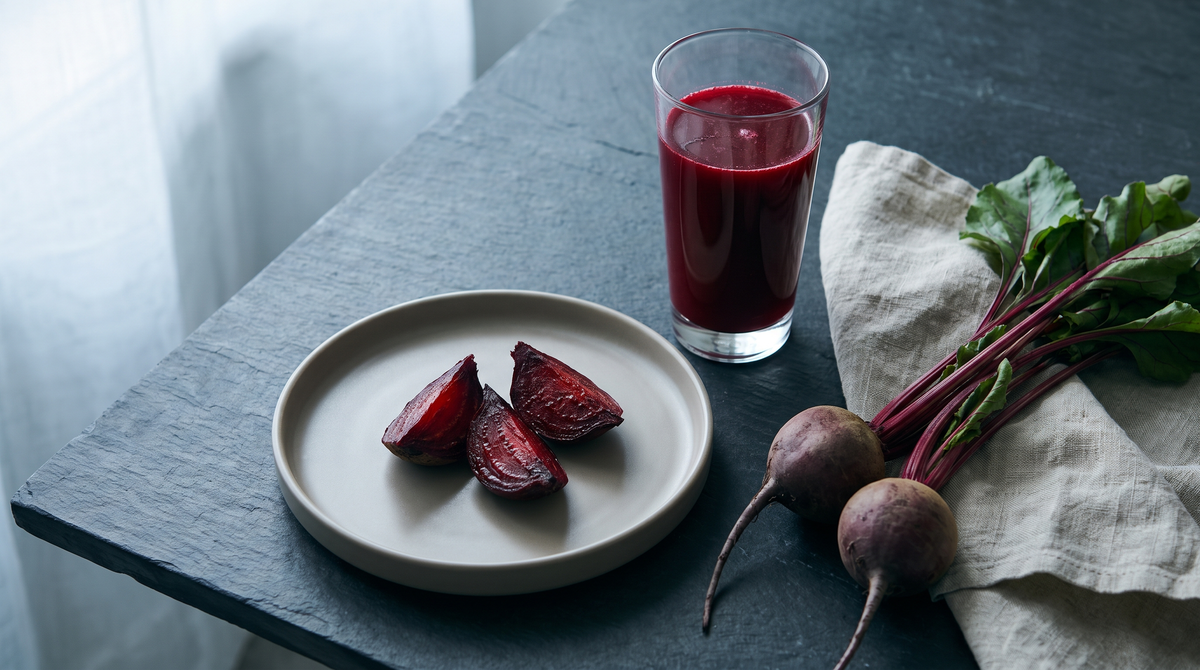 A glass of beetroot juice, roasted beetroot wedges on a plain plate and two whole beetroots on a dark slate surface