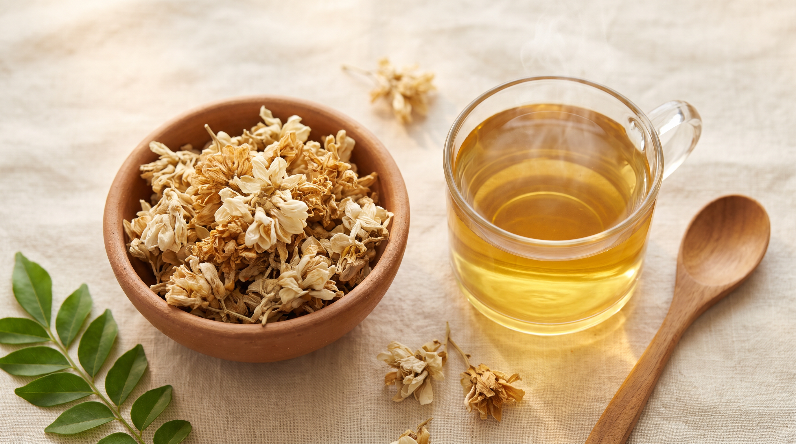 A clay bowl of dried Beli Mal flowers beside a glass cup of golden caffeine-free flower tea on cream linen