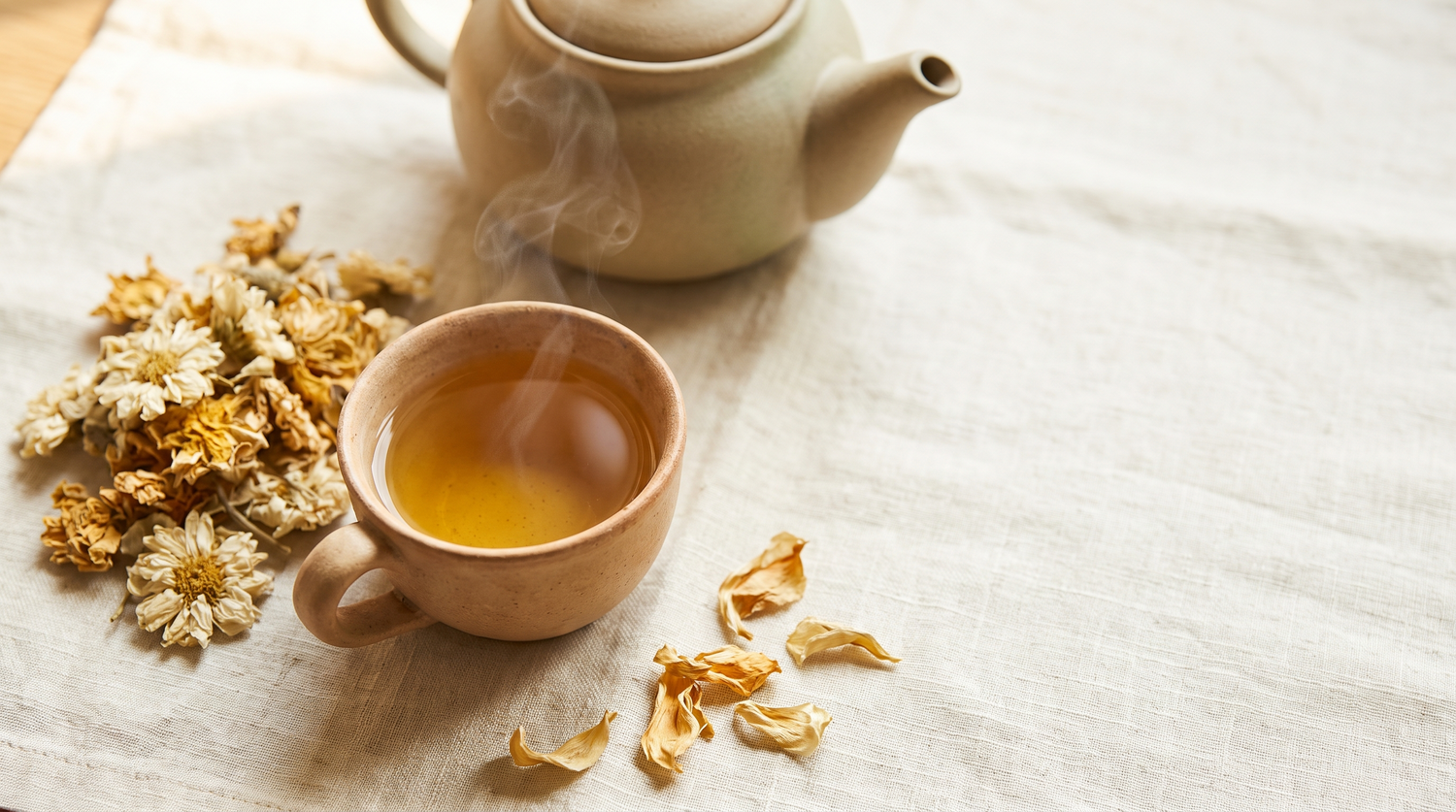 A cup of golden herbal beli mal flower tea beside dried flowers and a clay teapot on cream linen.