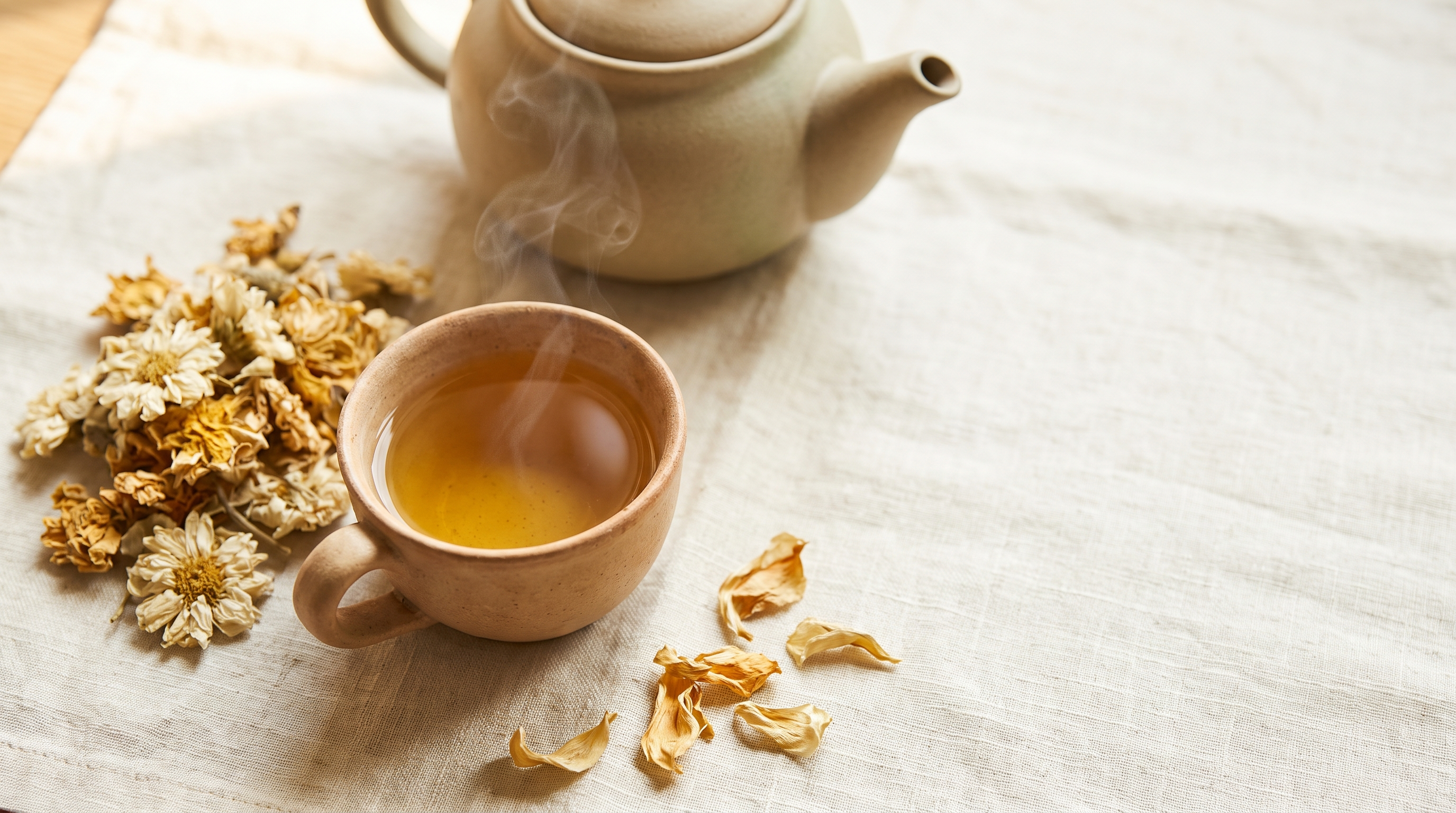 A cup of golden herbal beli mal flower tea beside dried flowers and a clay teapot on cream linen.