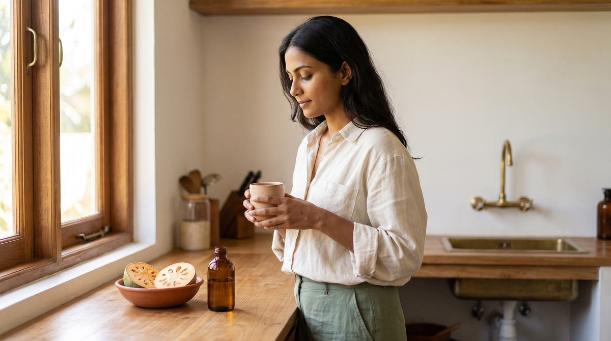 A woman holding a warm cup in a morning kitchen with sliced bael fruit on the counter