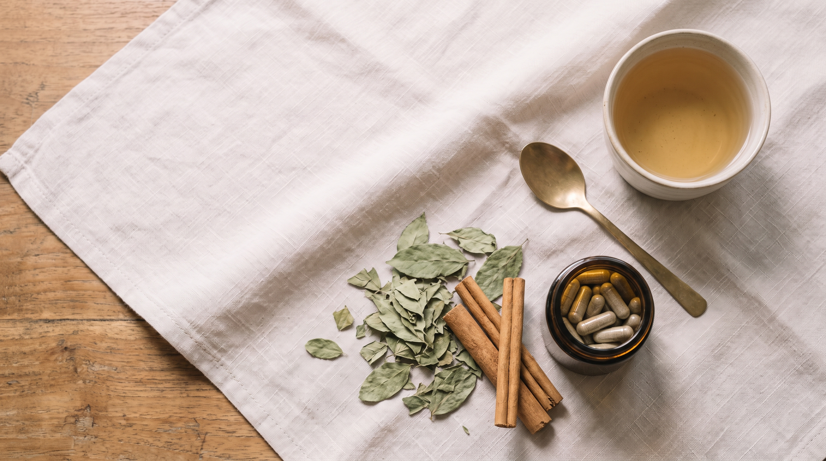 Dried gymnema leaves, Ceylon cinnamon quills and a plain amber jar of herbal capsules beside a cup of tea on linen