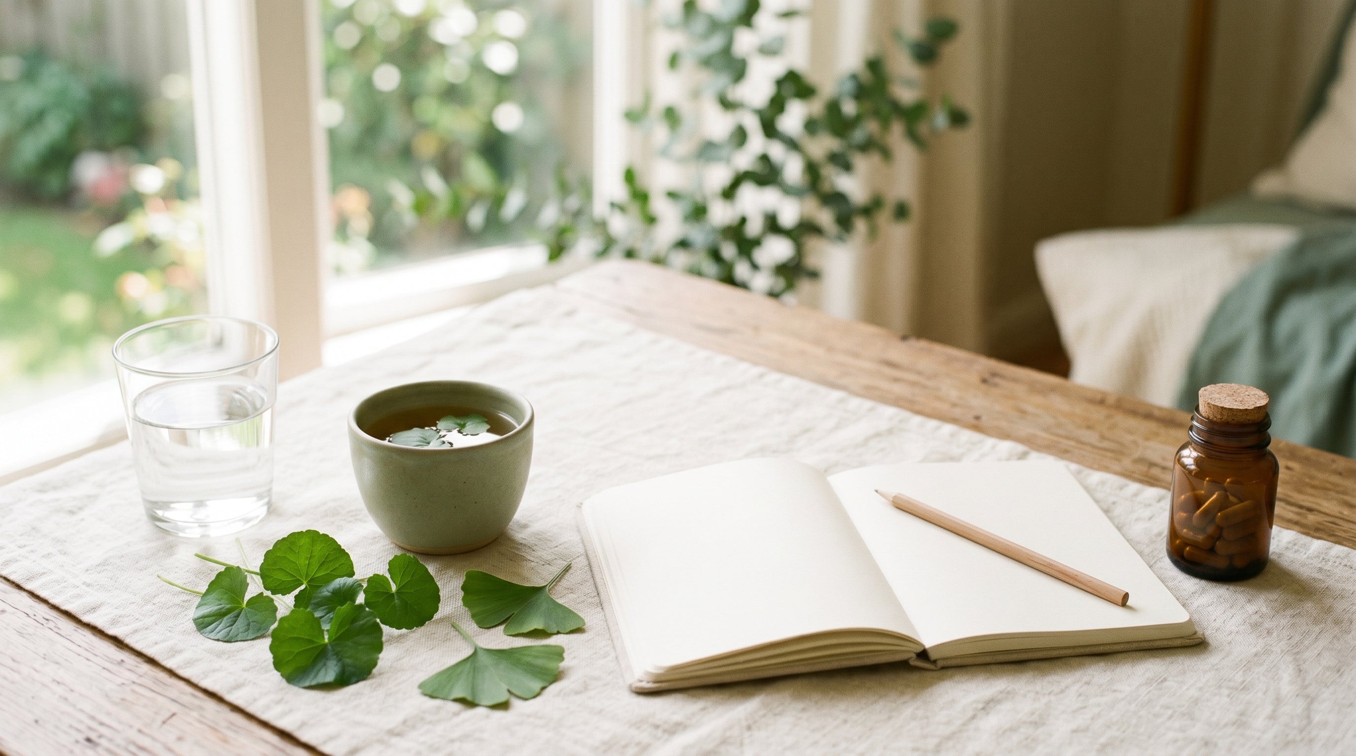A calm afternoon desk by a sunlit window with a glass of water, a cup of herbal tea, fresh gotu kola and ginkgo leaves, an open blank notebook with a pencil, and an unlabeled amber jar of capsules.