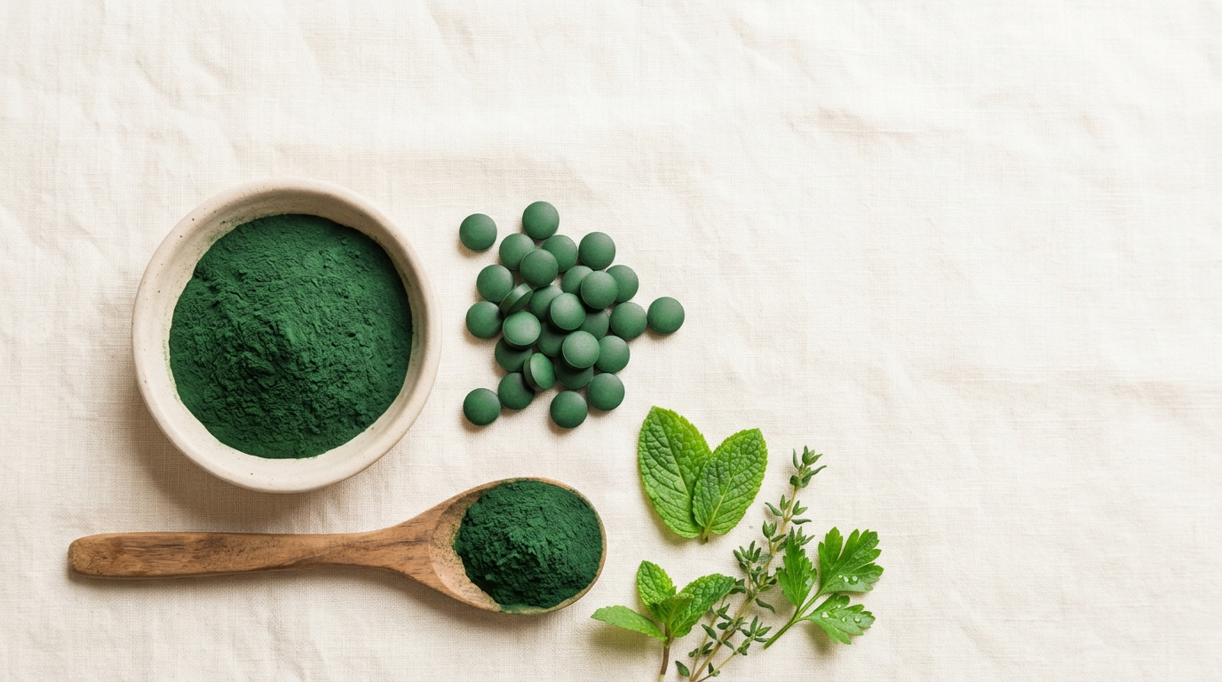A top-down flat-lay of deep-green chlorella powder in a ceramic bowl, green chlorella tablets, a wooden spoon of green powder, and fresh green sprigs on cream linen.