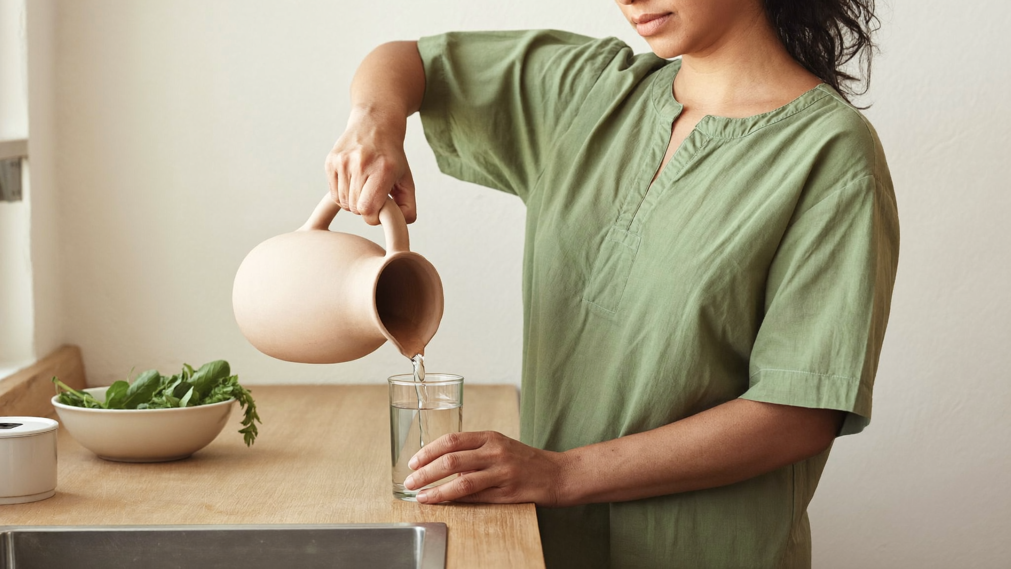A woman at a plain wooden kitchen counter pouring water from a clay jug into a glass beside a bowl of fresh green leaves