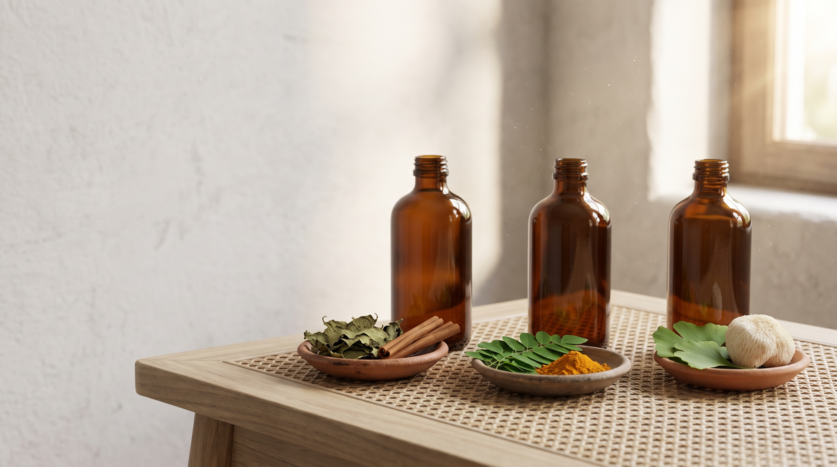 Three plain amber supplement bottles on a teak table, each with a clay dish of herbs: gymnema leaves and cinnamon quills, moringa leaves and turmeric, ginkgo leaves and a lion's mane mushroom