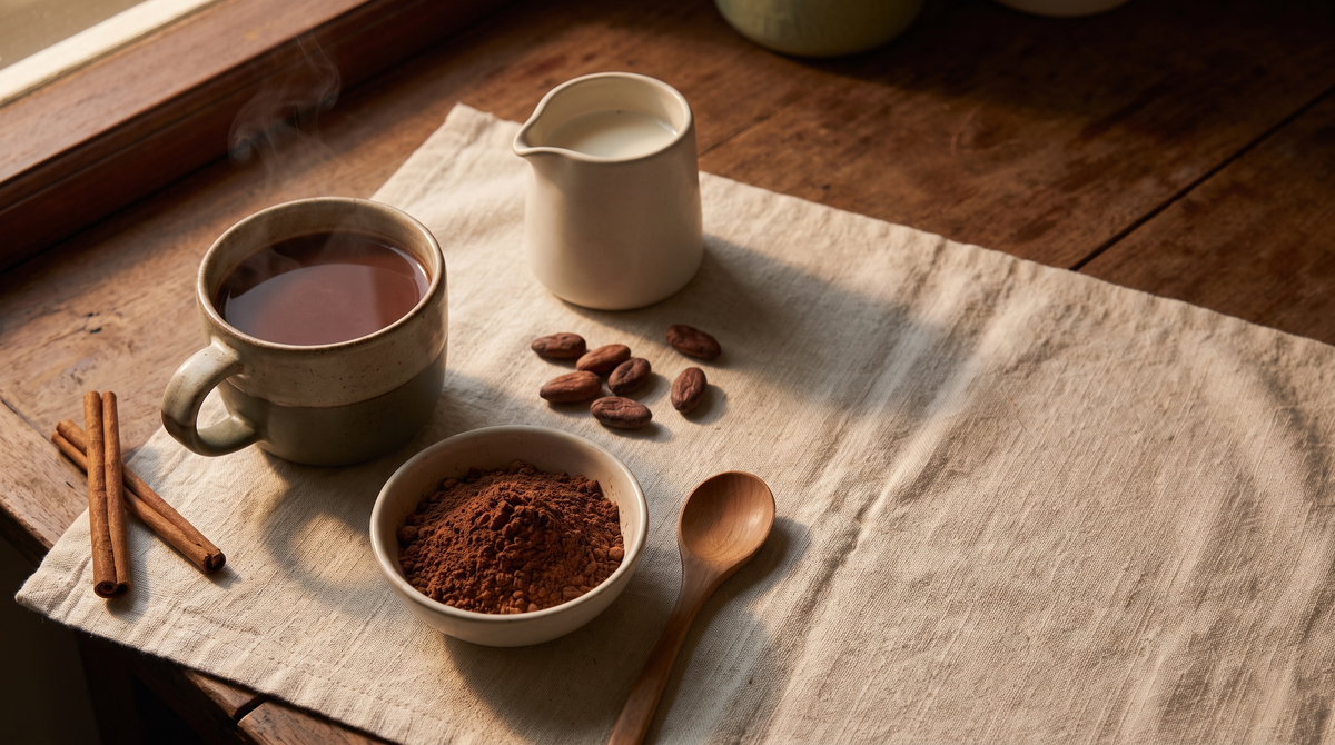 A ceramic mug of hot cocoa on linen beside a bowl of cocoa powder, cacao beans, cinnamon sticks and a small jug of milk