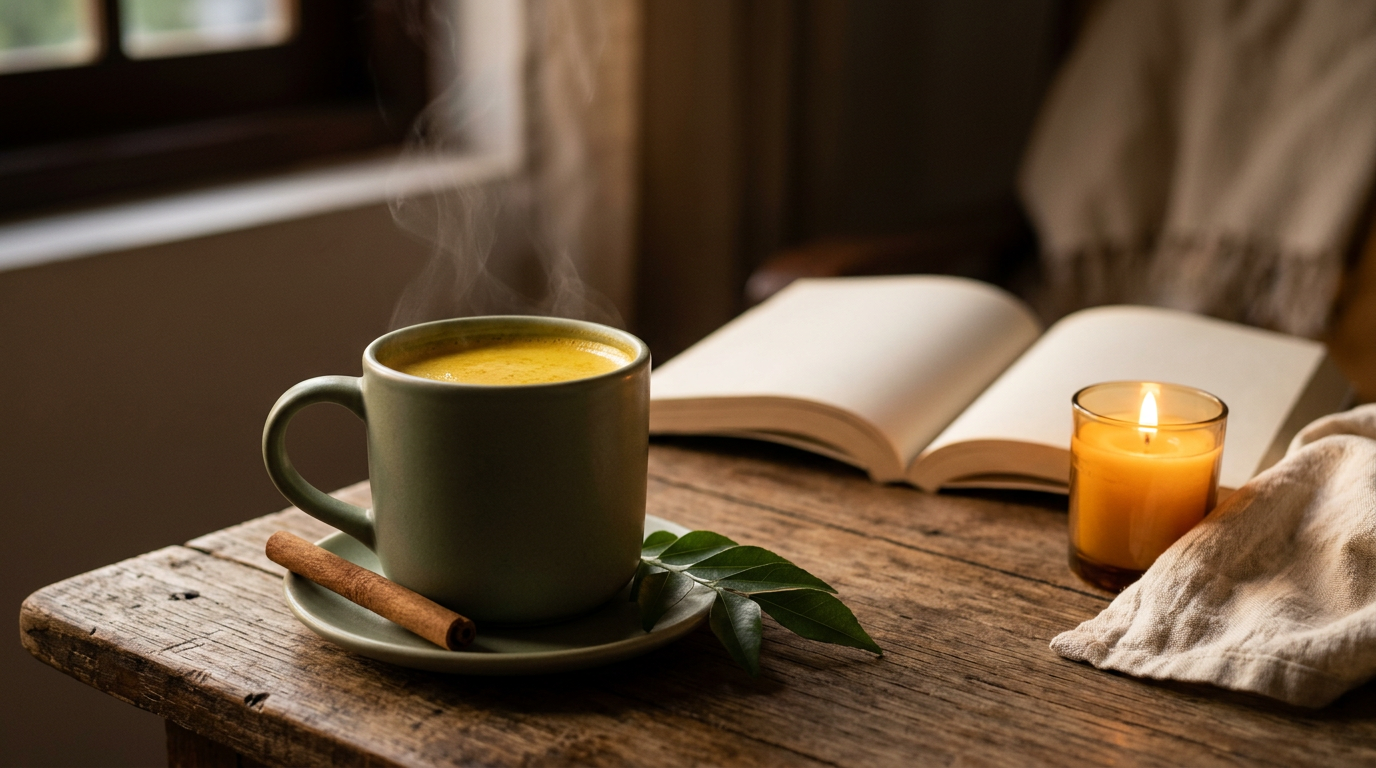 A steaming sage green ceramic mug of golden coconut milk dahl-spice latte on a rustic wooden table beside a cinnamon stick, curry leaves, a lit beeswax candle, and an open book at dusk.