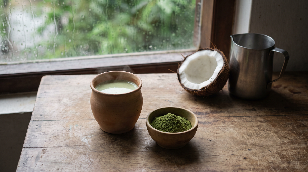 A warm moringa green latte steaming in a terracotta cup beside a bowl of green leaf powder, half a coconut and a jug of coconut milk, with a rain-streaked kitchen window behind.