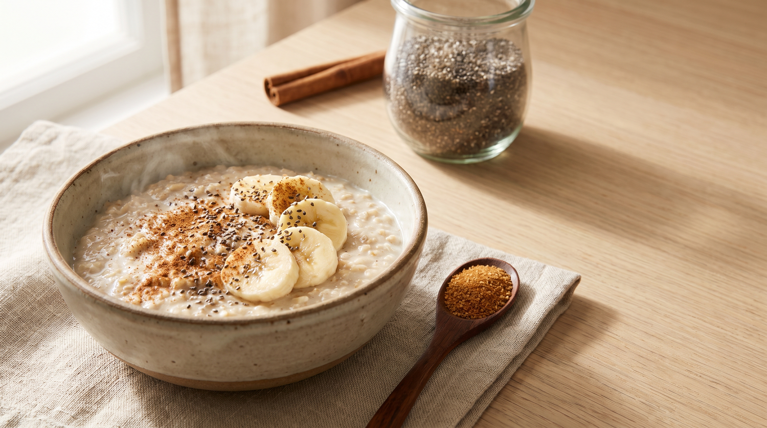 Bowl of warm cinnamon oat porridge topped with banana slices and chia seeds, beside a wooden spoon of coconut sugar