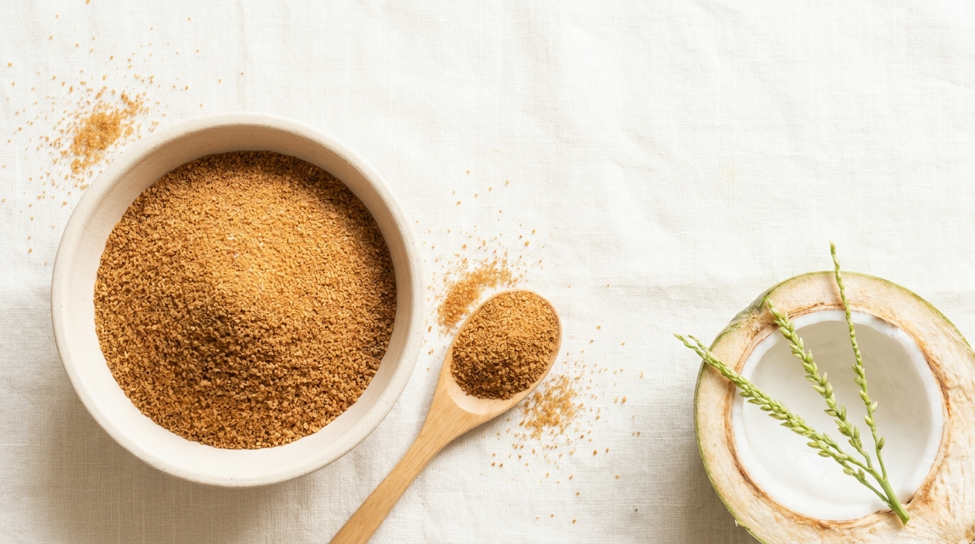 An overhead flat-lay of golden-brown coconut sugar in a pale ceramic bowl with a wooden spoon and scattered granules beside a halved fresh coconut on a warm-white linen surface.