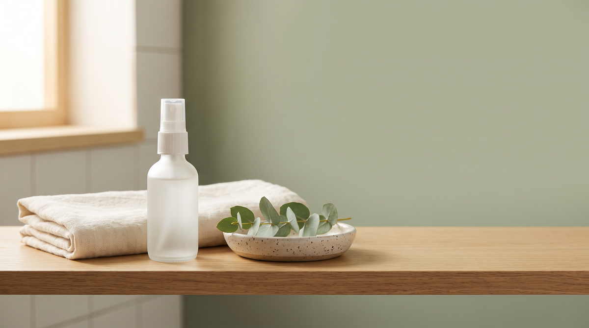 Frosted glass spray bottle beside a folded linen towel and a speckled ceramic dish with eucalyptus leaves on a wooden bathroom shelf