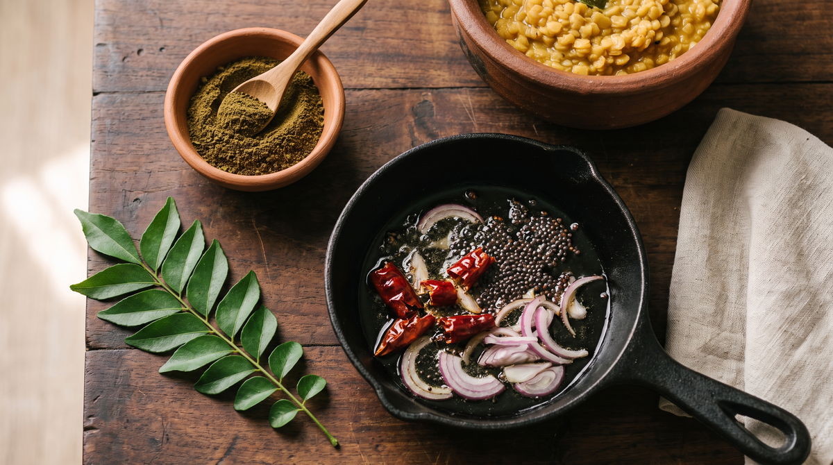 Overhead view of a cast iron tempering pan with mustard seeds, dried chillies and onion beside a clay bowl of curry leaf powder, a fresh curry leaf sprig and a pot of dhal