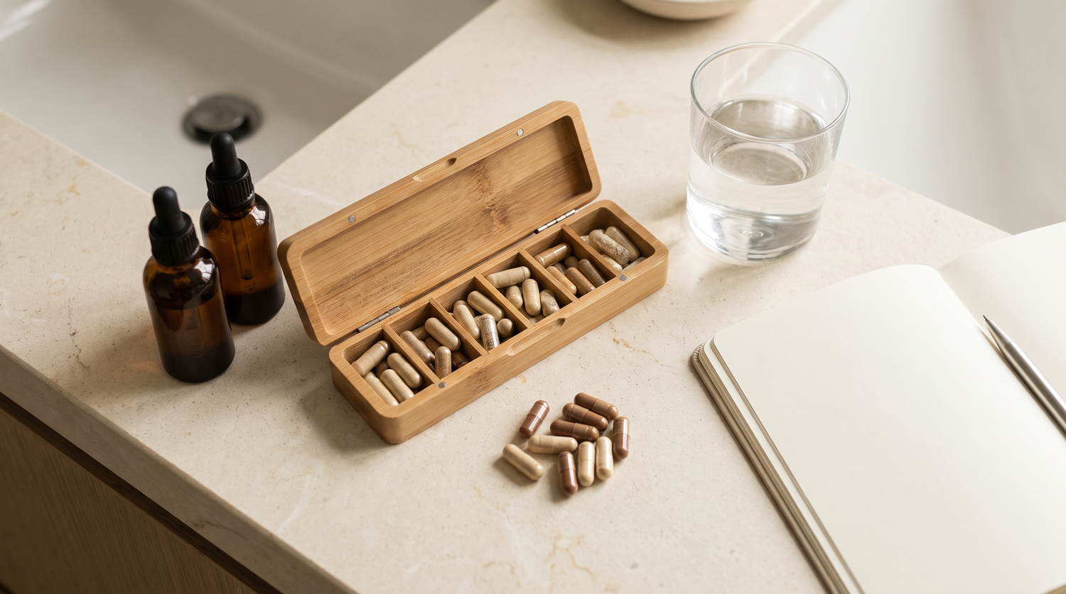 A daily supplement routine flat-lay with a bamboo weekly pill organizer, capsules, a glass of water and a blank notebook on a cream counter