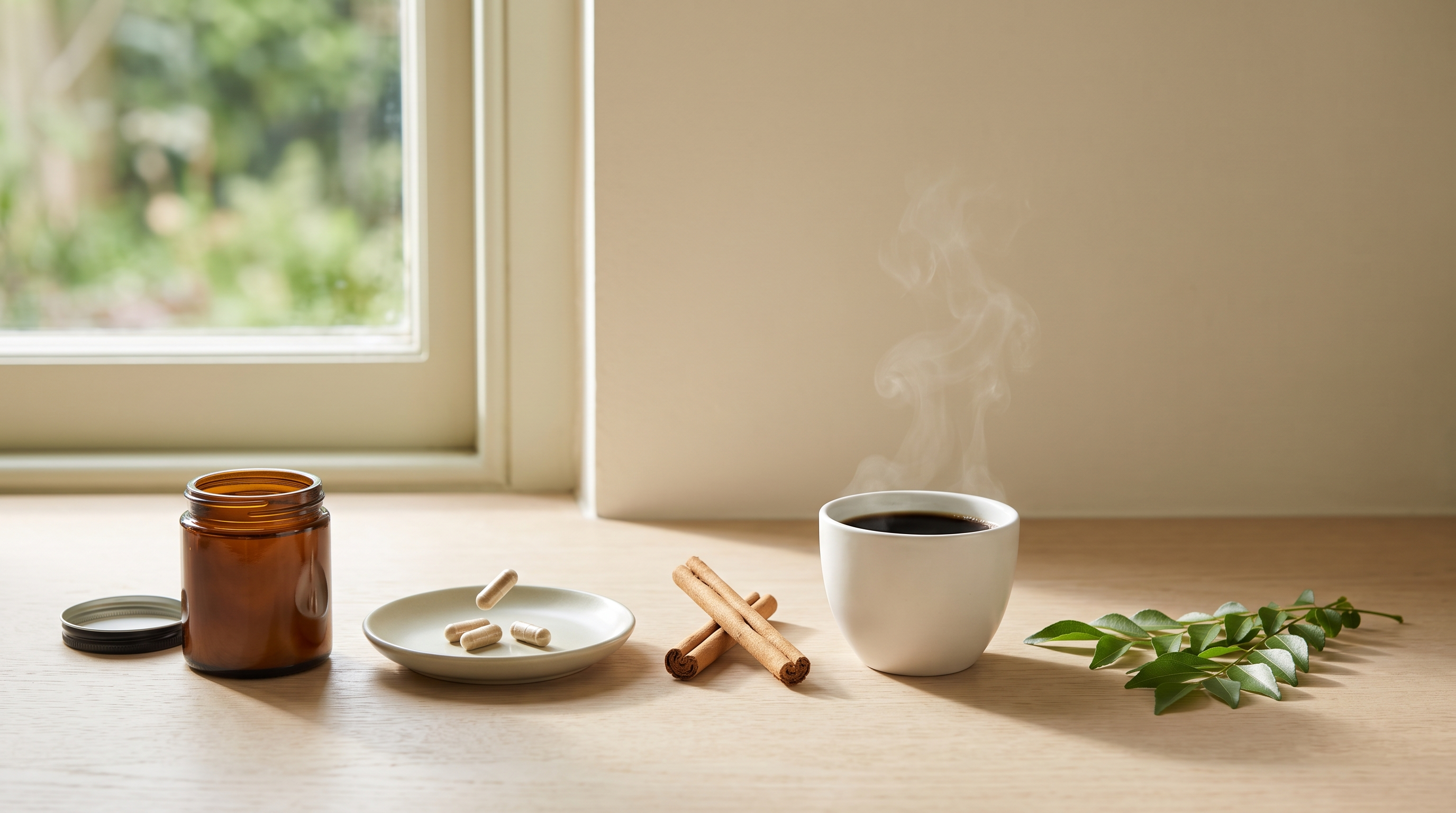 A morning windowsill with an unlabelled amber supplement jar, capsules on a small saucer, Ceylon cinnamon quills, a cup of black coffee and fresh green leaves