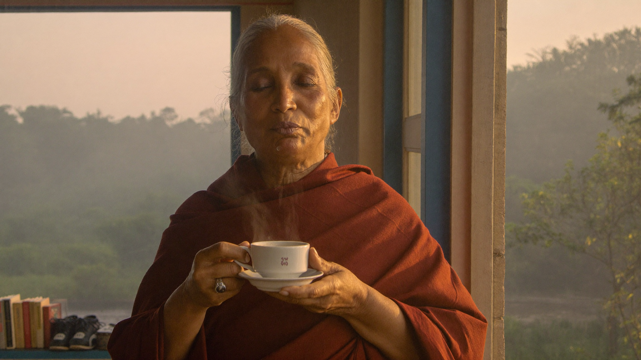 An older Sri Lankan woman in a terracotta shawl breathes in the steam from a warm cup of coffee by an open window at dawn.