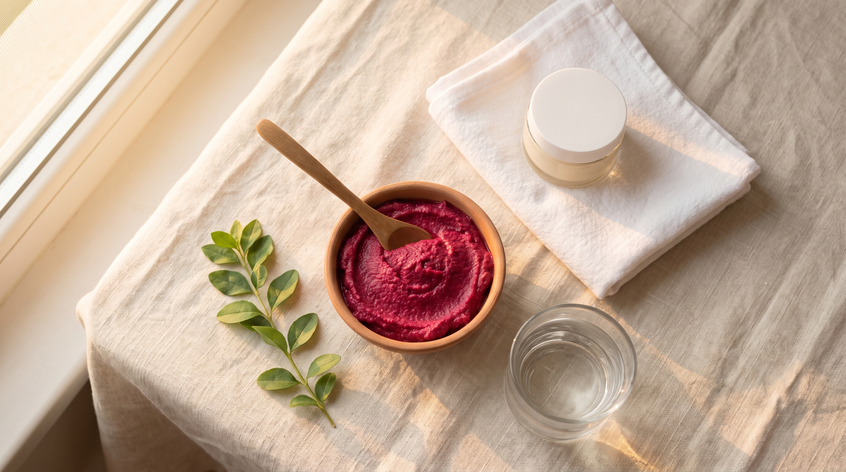 Flat-lay of a bowl of beetroot paste, a folded white towel, a plain jar and a glass of water on linen in evening light
