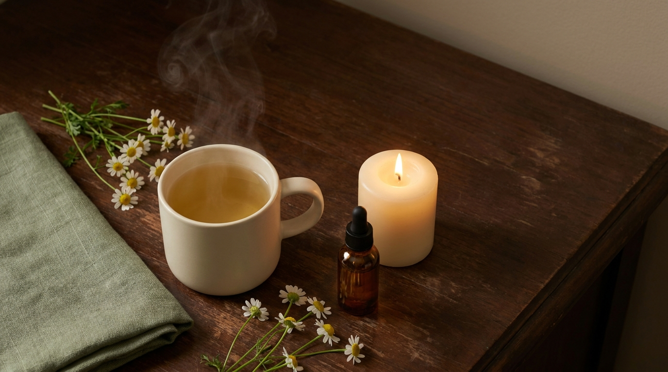 A steaming cup of chamomile tea beside fresh chamomile flowers, a small amber dropper bottle, a lit candle, and a folded sage green linen throw on a dark wooden bedside table at night.