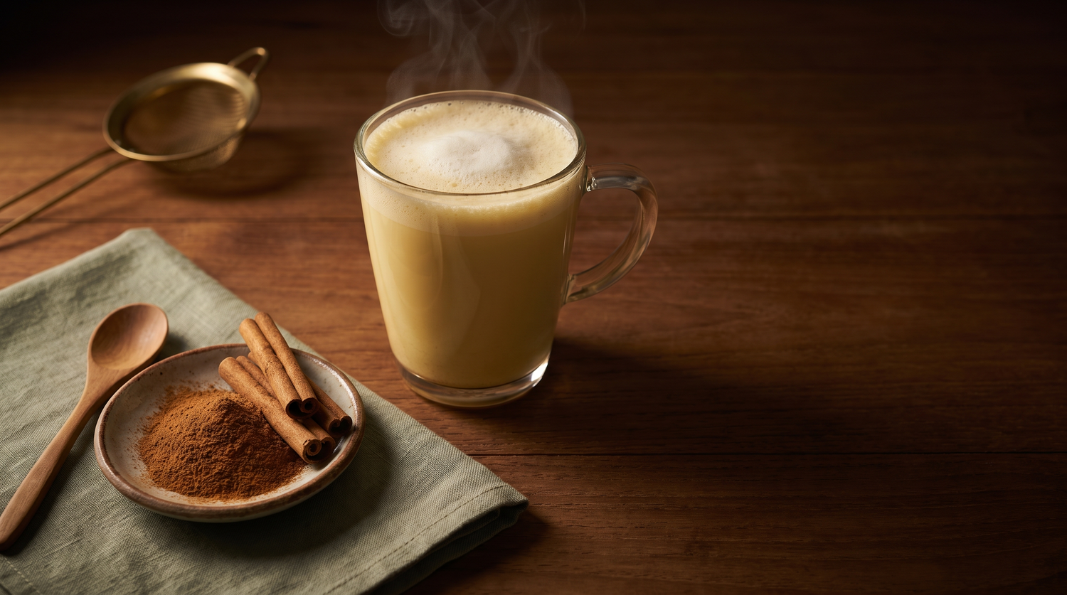 A steaming mug of warm cinnamon milk beside a dish of ground Ceylon cinnamon and cinnamon quills on a dark wooden table