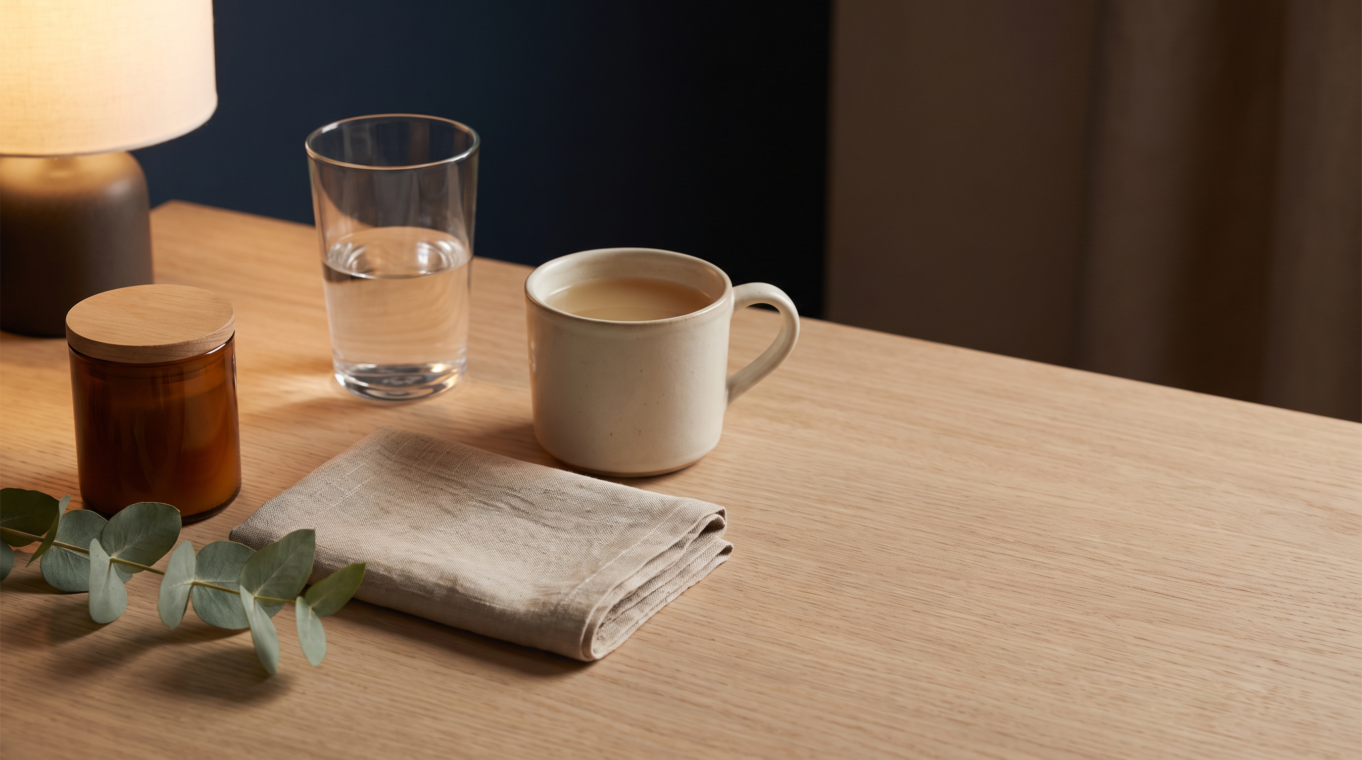 A glass of water, a warm drink, a folded linen cloth and a plain amber jar on a bedside table under low evening lamplight