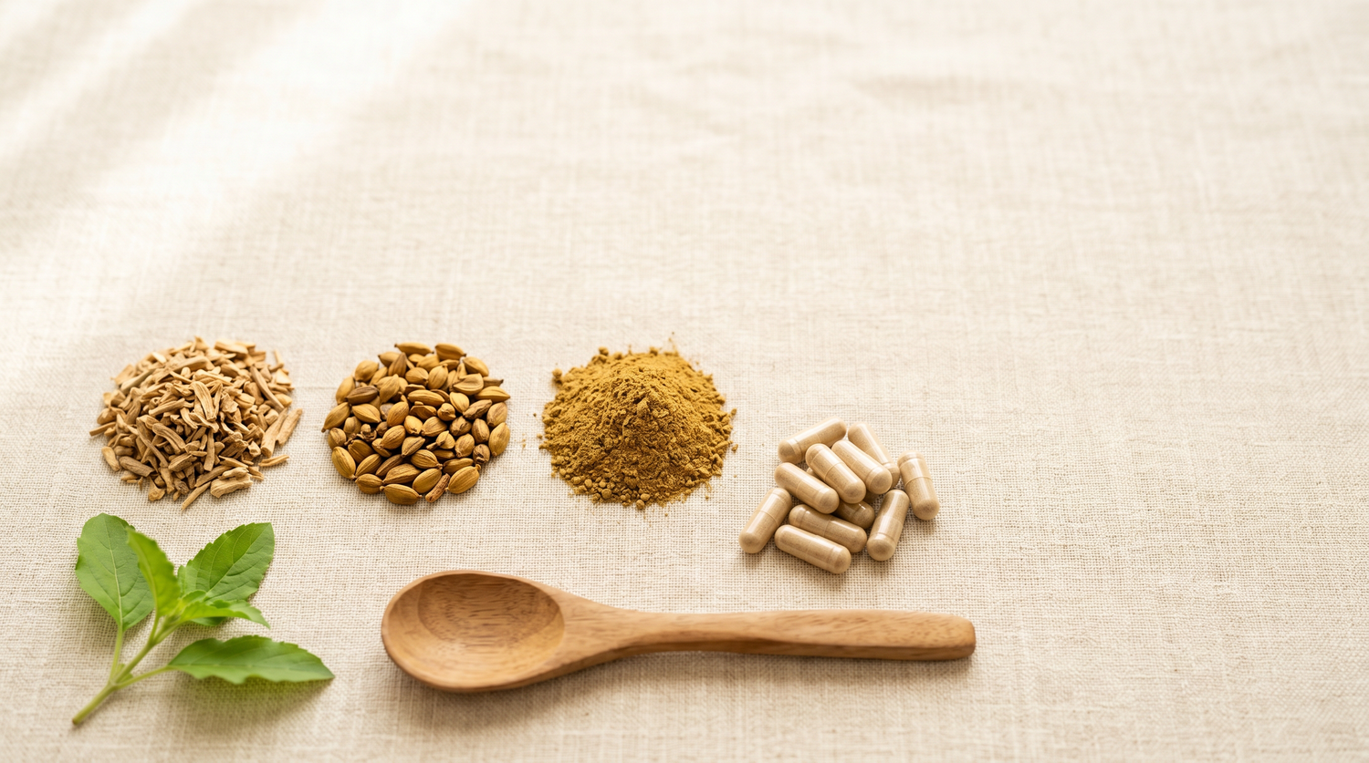 A warm cream linen flat-lay of three small mounds of dried Ayurvedic herbs and golden powder, a pile of natural plant-based capsules, a plain wooden spoon, and a sprig of fresh green leaves.