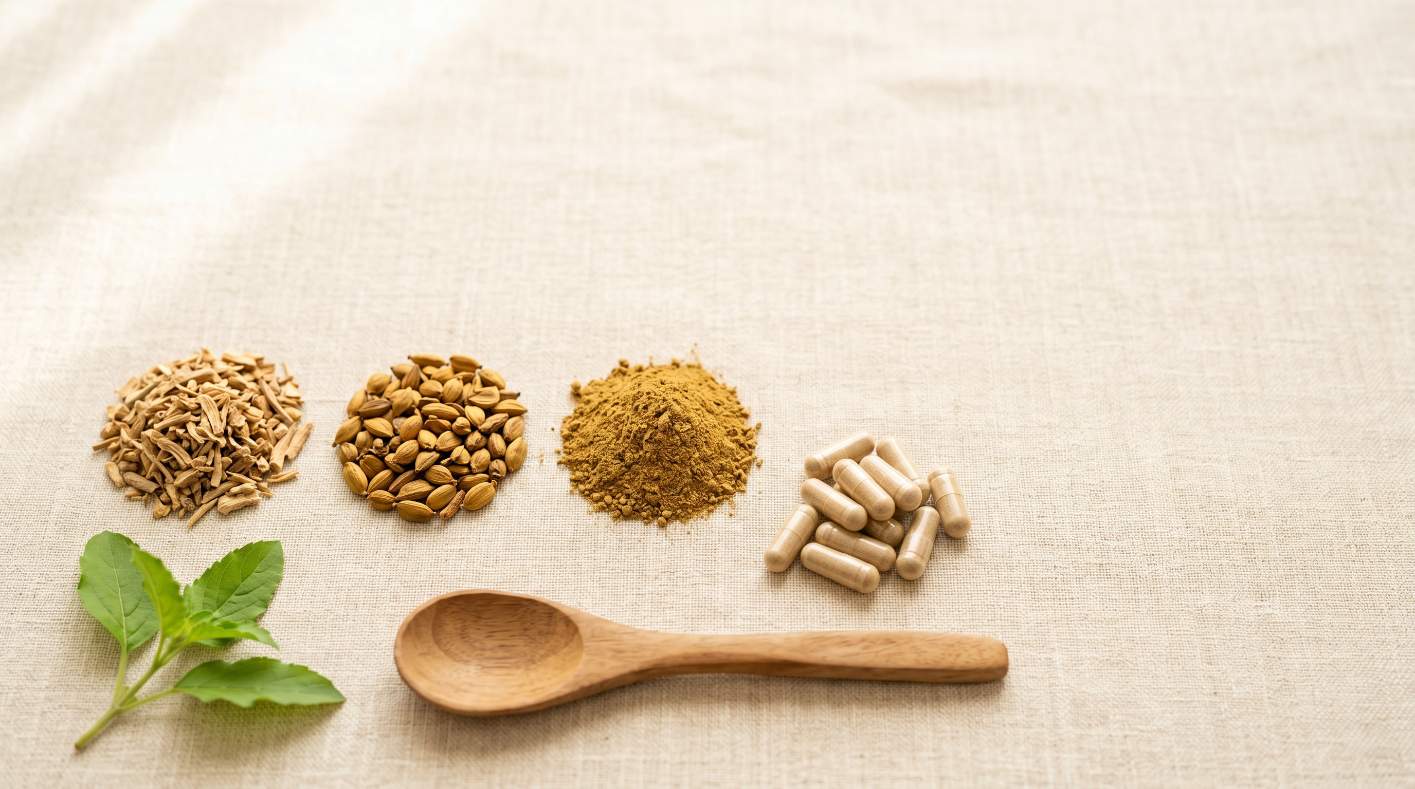 A warm cream linen flat-lay of three small mounds of dried Ayurvedic herbs and golden powder, a pile of natural plant-based capsules, a plain wooden spoon, and a sprig of fresh green leaves.